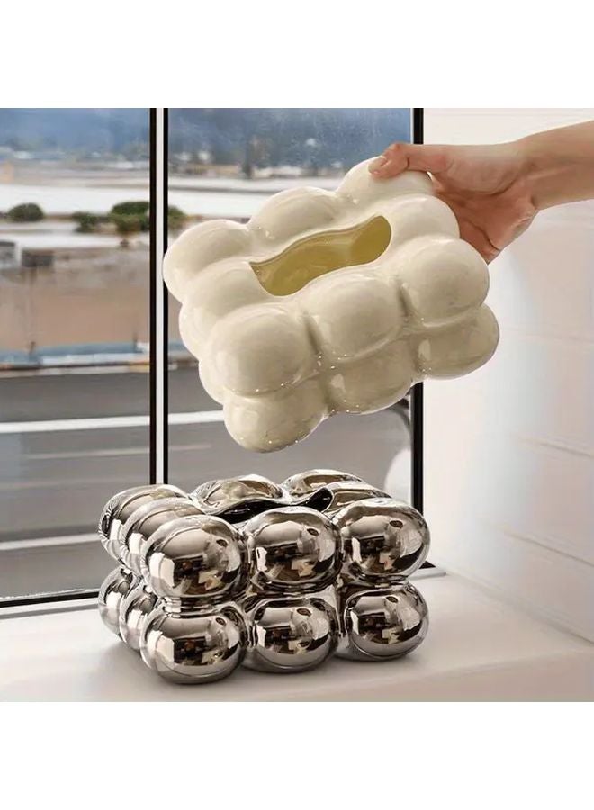 صندوق المناديل السيراميكي اللامع الفضي على شكل كرة بيضة الدجاج للمنزل غرفة المعيشة المطعم - Image 5